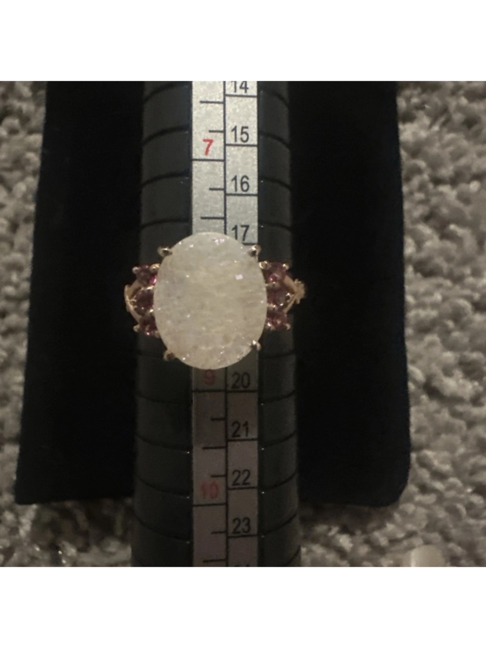 10K Yellow Gold White Druzy Opal Quartz and Pink Tourmaline Ring Size 8